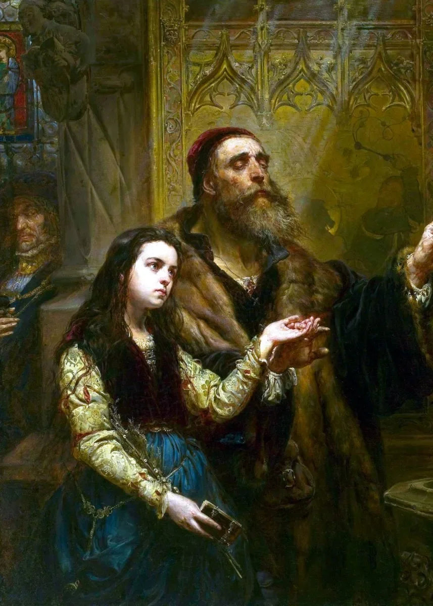 A painting depicting a bearded man and a young woman in historical attire against an ornate gold background.