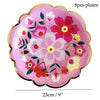 Eight pink floral disposable plates with red and yellow accents, measuring 23cm or 9 inches.
