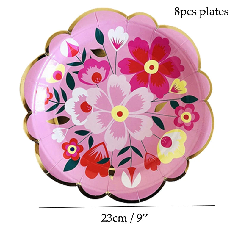 Eight pink floral disposable plates with red and yellow accents, measuring 23cm or 9 inches.