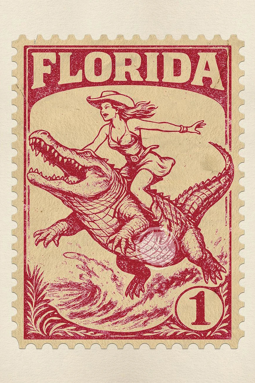 A vintage postage stamp featuring a woman riding a dinosaur over the word FLORIDA.