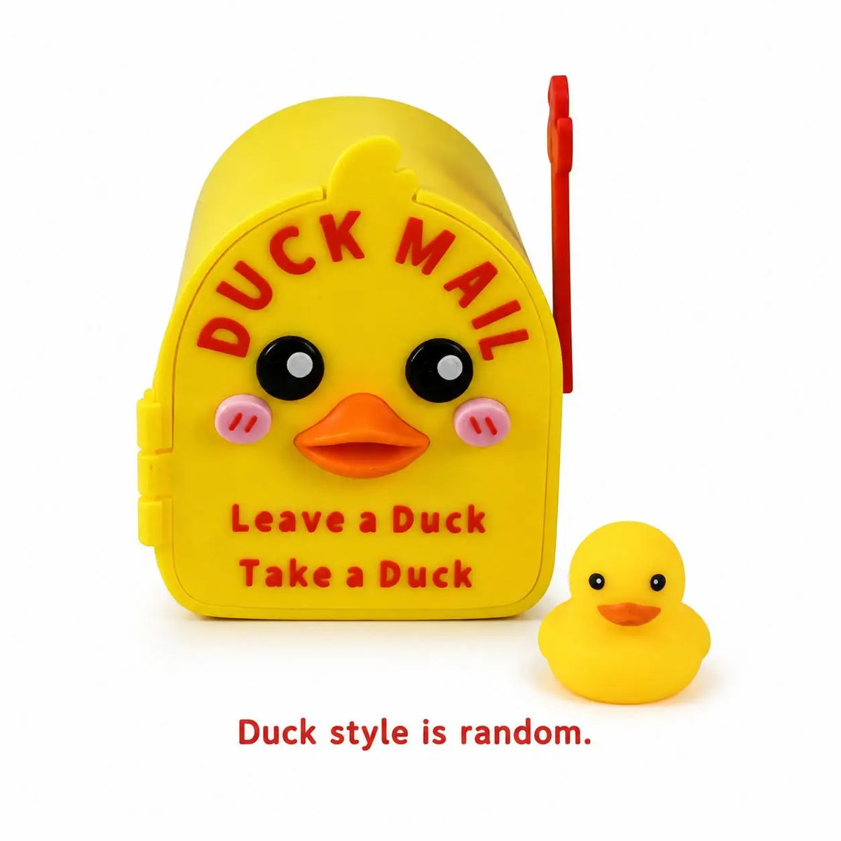 Yellow magnetic 3D printed mailbox shaped like a duck with the text Leave a Duck Take a Duck