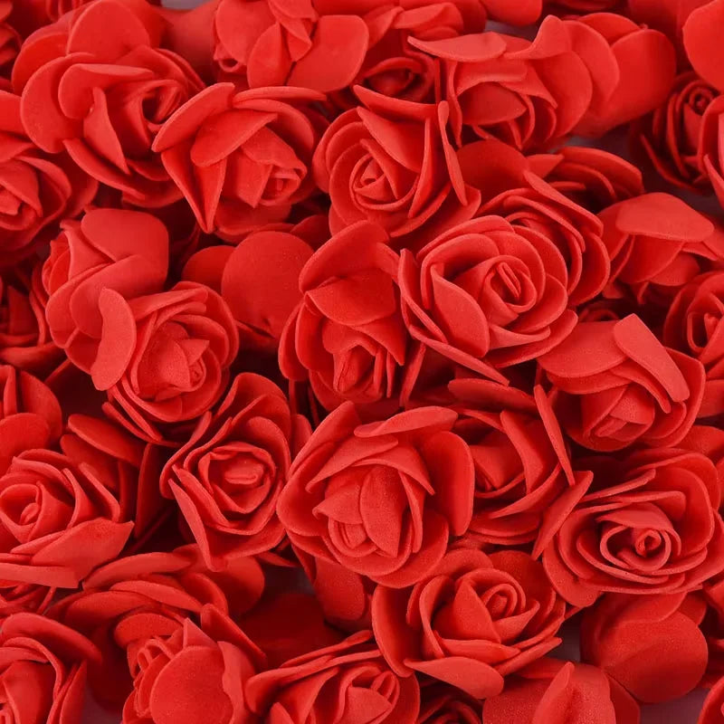 A bulk pack of realistic red foam rose flowers for weddings and events.