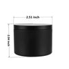 A black candle tin container with a lid, measuring 2.51 inches in diameter and 2.04 inches high.