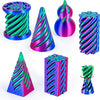 A set of 3D printed spiral fidget toys in various shades of blue, green, and magenta.
