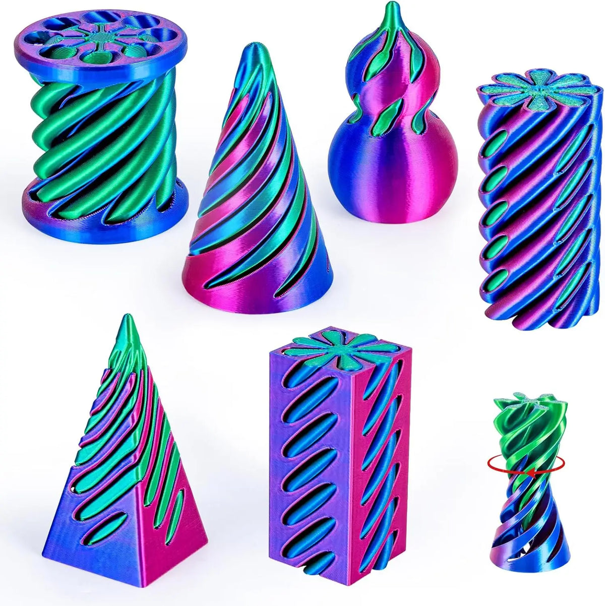 A set of 3D printed spiral fidget toys in various shades of blue, green, and magenta.