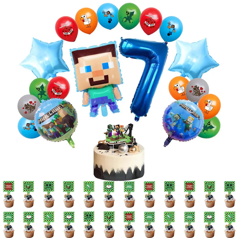 A collection of cartoon birthday party decorations including balloons and tableware.