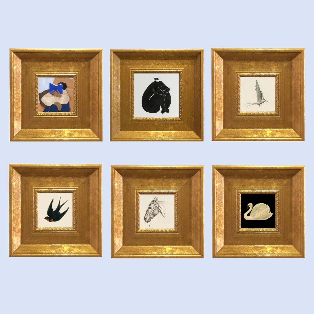 A set of six gold photo frames, each containing a vintage illustration of an animal or figure.