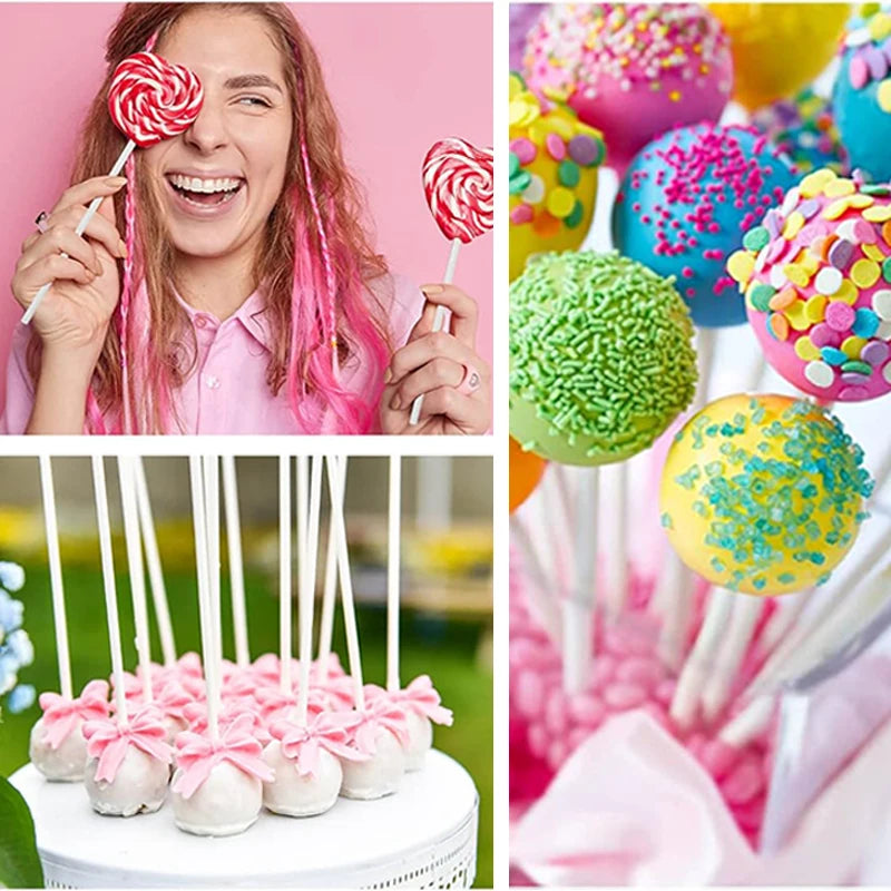 A collage showing a woman with pink hair holding lollipops and various colorful lollipops and packaging kits.