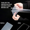 Hands tear off the protective film from a clear acrylic floating storage rack before use.