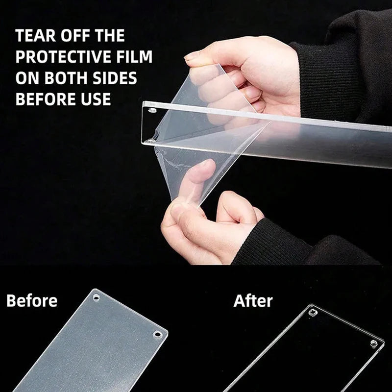 Hands tear off the protective film from a clear acrylic floating storage rack before use.