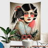 A painting of a woman with vintage tattoos and a black bird, featuring warm tones and dark lines.