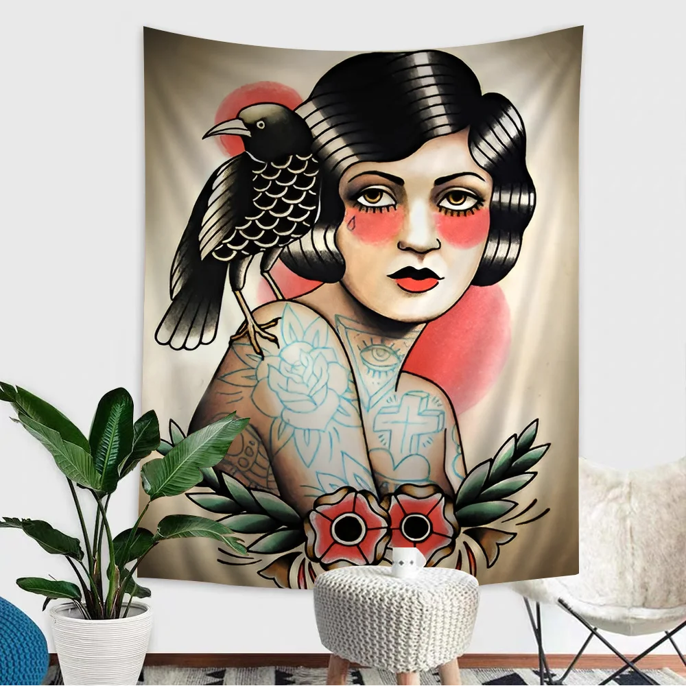 A painting of a woman with vintage tattoos and a black bird, featuring warm tones and dark lines.