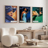 A set of three vintage retro posters featuring a woman and a pool cue, displayed on a white wall.