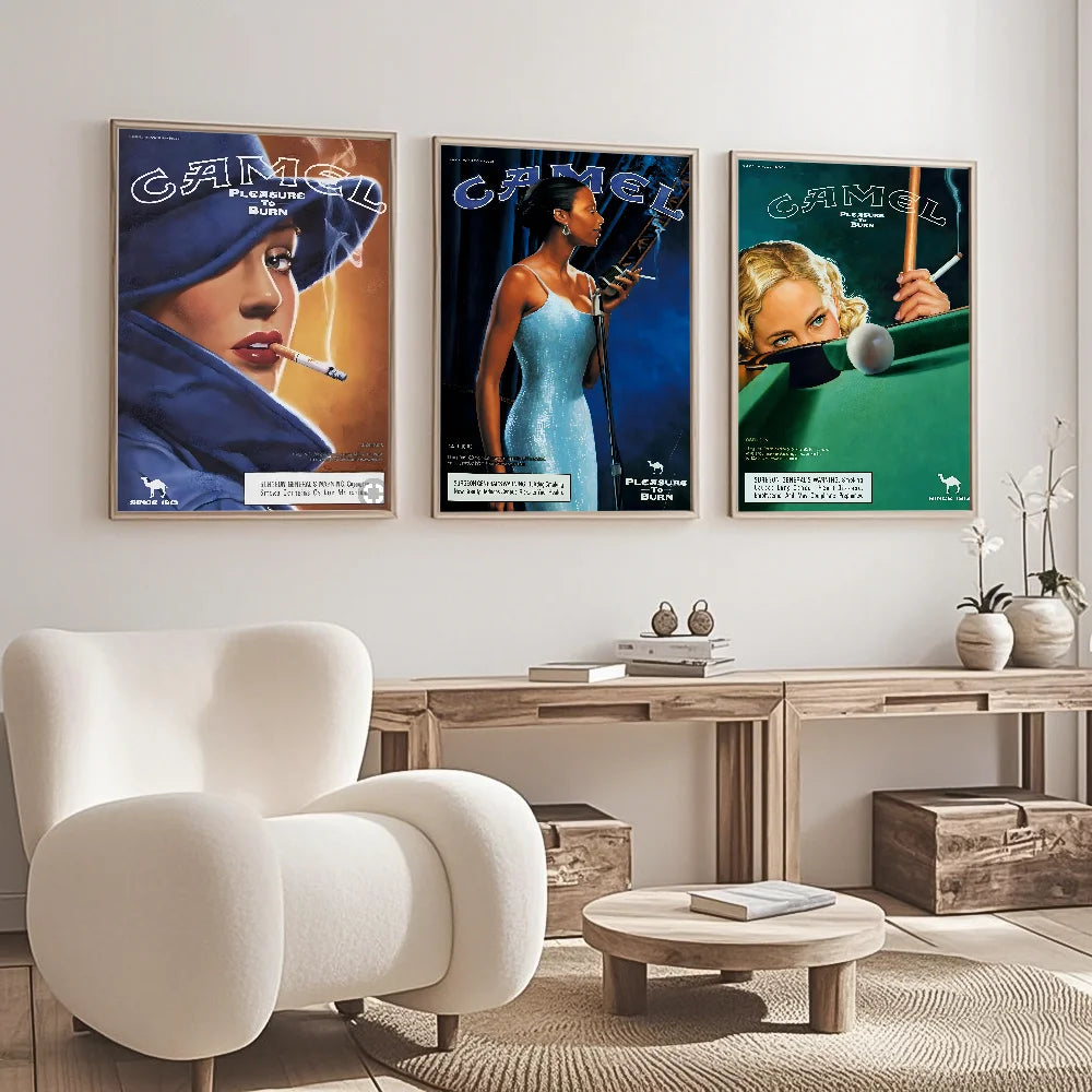 A set of three vintage retro posters featuring a woman and a pool cue, displayed on a white wall.