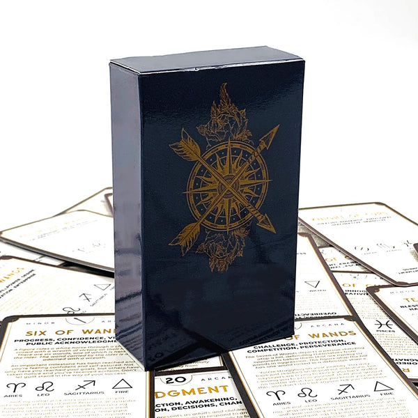 A black box containing a tarot card deck with gold foil designs, resting on a stack of cards.