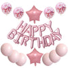 A set of pink and blue foil letter balloons shaped like letters spelling happy birthday