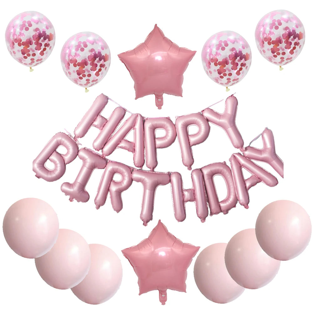 A set of pink and blue foil letter balloons shaped like letters spelling happy birthday