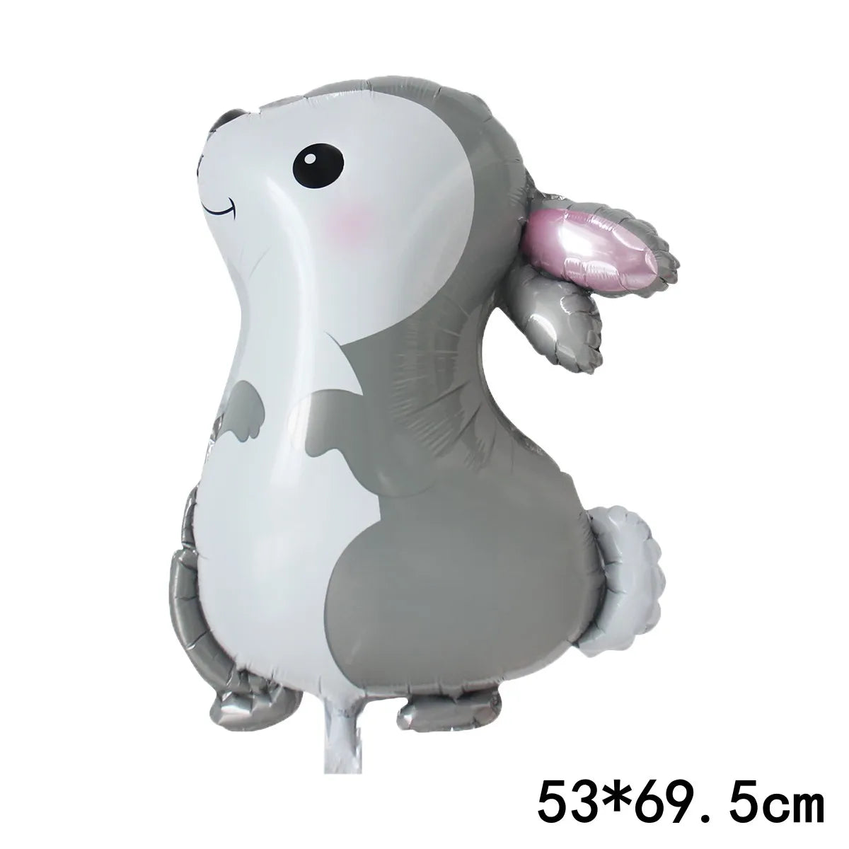 A gray and white woodland animal foil balloon decoration set shaped like a rabbit.