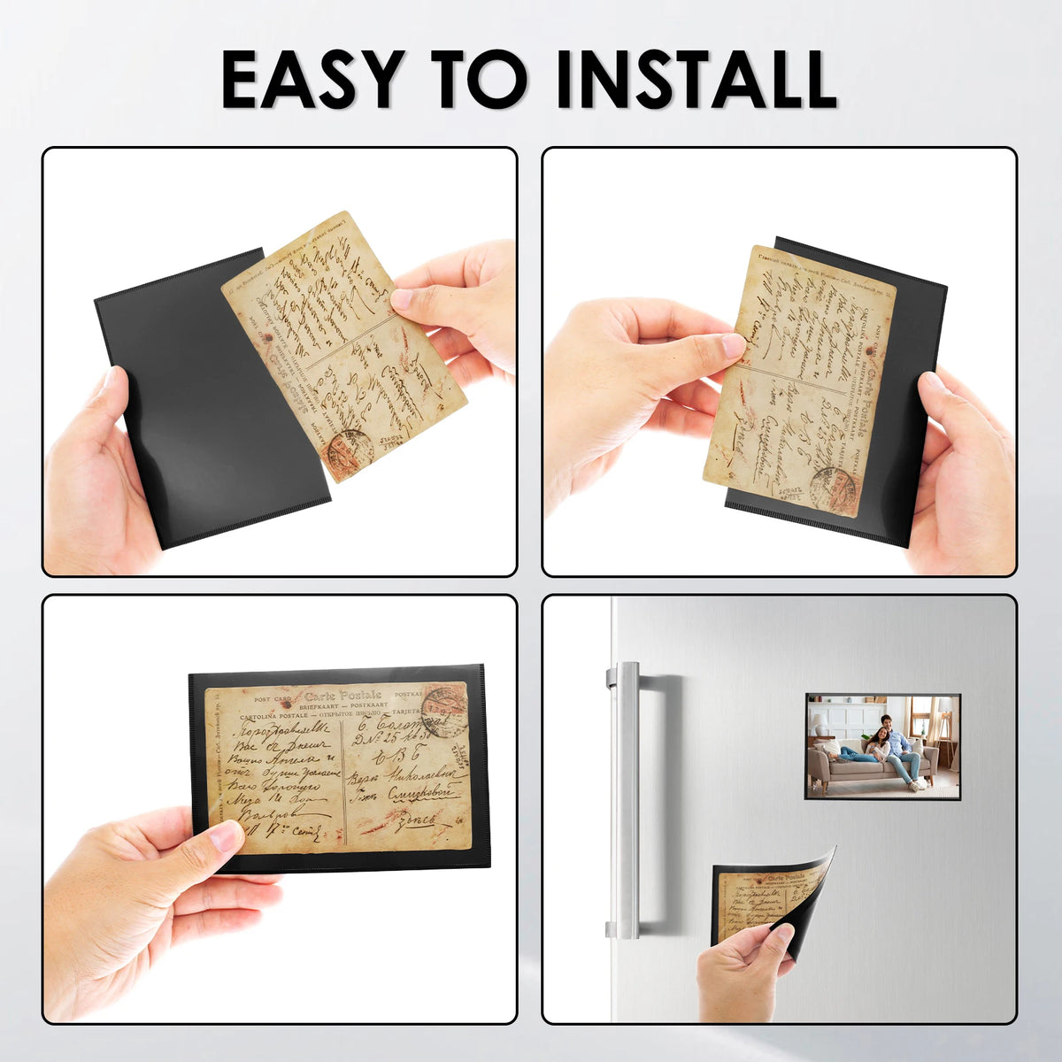 Hands demonstrate how to easily install magnetic picture frames for fridge and cabinet