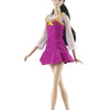 A handmade doll dress gown featuring a purple bodice, sheer sleeves, and gold trim on a 11.5-inch doll.
