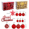 A set of 102 Christmas ornaments and a star tree topper in red and gold colors.