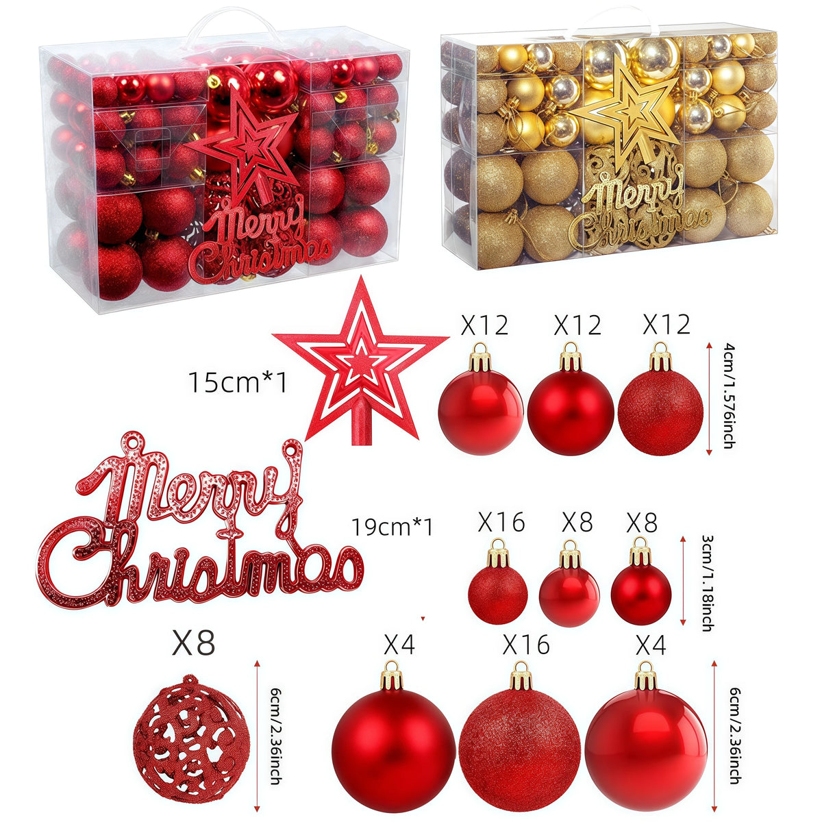 A set of 102 Christmas ornaments and a star tree topper in red and gold colors.