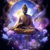 A spiritual Buddha figure with a glowing halo and lotus design is depicted in a vibrant purple and gold cosmic setting.