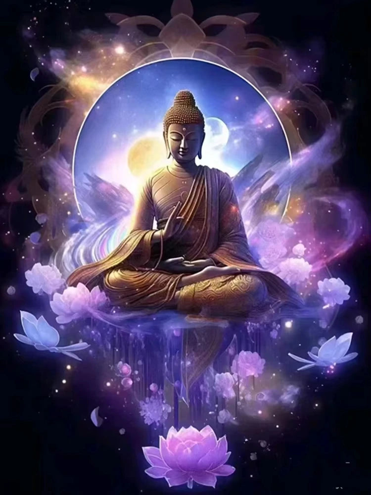 A spiritual Buddha figure with a glowing halo and lotus design is depicted in a vibrant purple and gold cosmic setting.