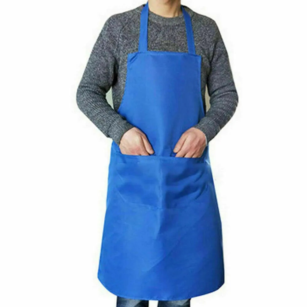 A person wearing a bright blue waterproof kitchen apron over a gray sweater.