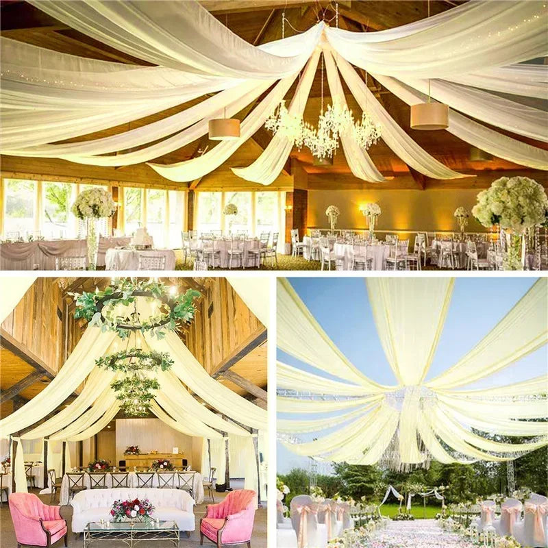 Elegant wedding decor featuring sheer chiffon curtains and floral arrangements under a wooden ceiling.