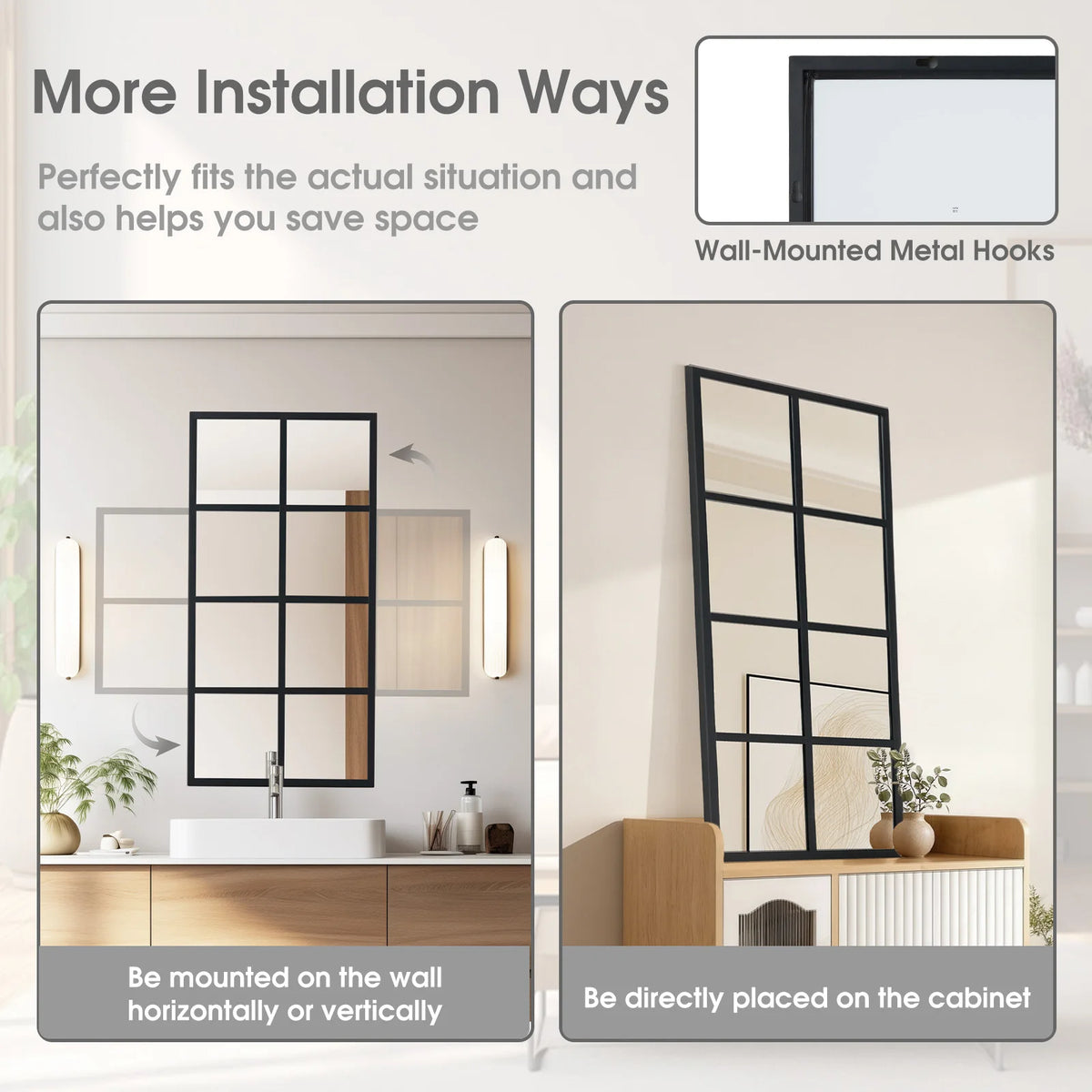 A modern black framed window mirror shown mounted on a wall or placed directly on a cabinet.