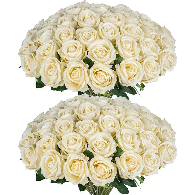 A bouquet of 50 artificial silk cream colored roses.