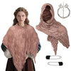 A female model wearing a pink textured hooded cloak cape with Viking brooch and gloves.
