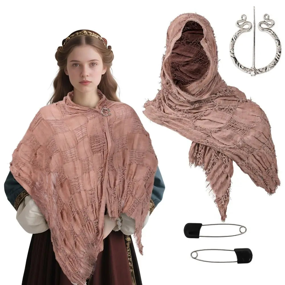 A female model wearing a pink textured hooded cloak cape with Viking brooch and gloves.