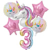 A set of pink and iridescent unicorn-themed birthday party supplies including balloons and a number three balloon.