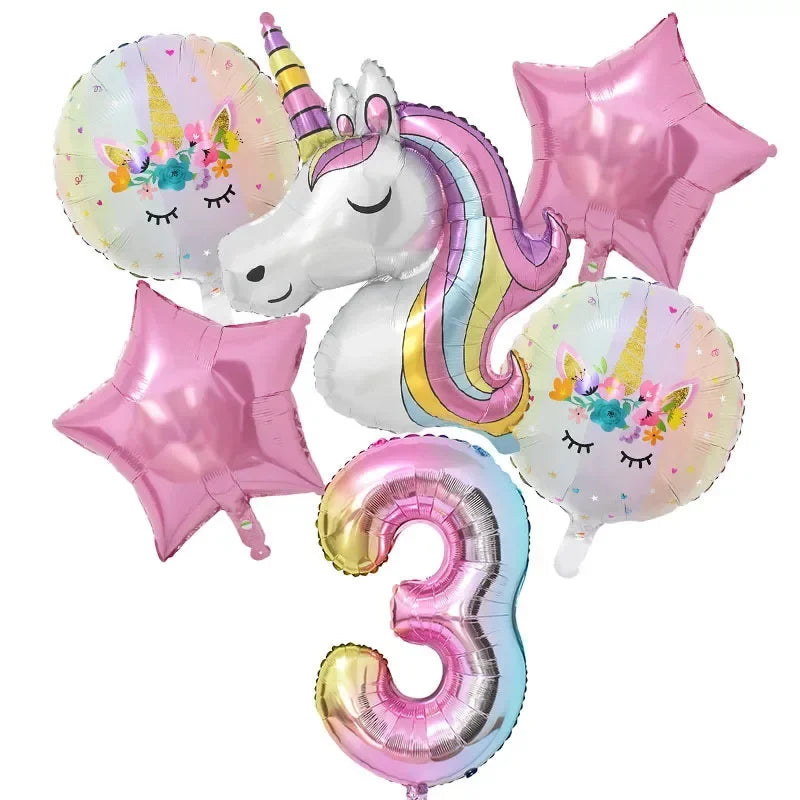 A set of pink and iridescent unicorn-themed birthday party supplies including balloons and a number three balloon.