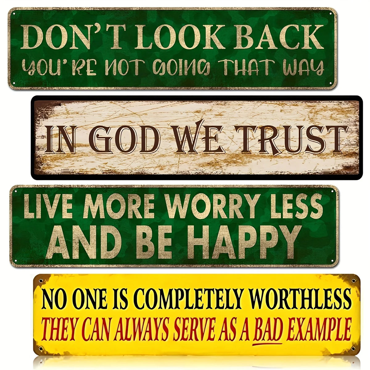 A collection of five vintage metal signs with inspirational text on green, brown, and yellow backgrounds.