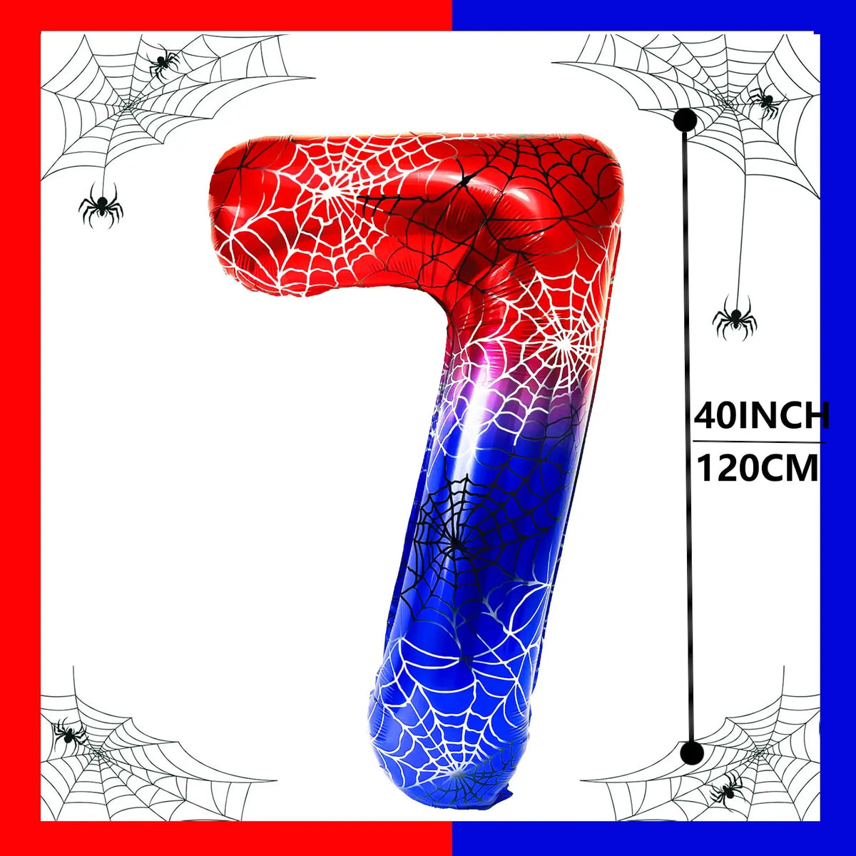 A large, red and blue foil balloon shaped like the number 7, decorated with spider webs.