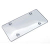 A rectangular, silver license plate frame with four mounting screws.