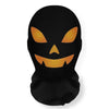 A black Halloween skeleton face mask with glowing orange eye sockets and a grinning mouth, featuring a breathable mesh hood.