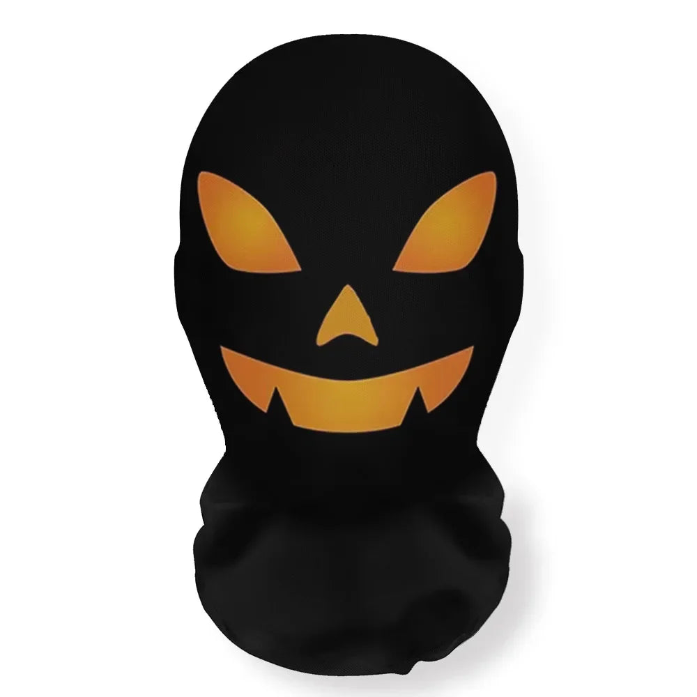 A black Halloween skeleton face mask with glowing orange eye sockets and a grinning mouth, featuring a breathable mesh hood.