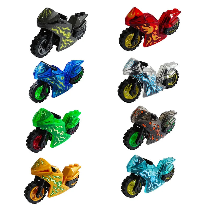 A collection of five golden ninja building block figures in various colors and styles.