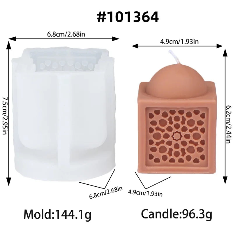 A silicone mold and a finished candle are shown side by side for the Ramadan Mosque theme.