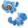 A blue tiger plush toy with yellow eyes and white stripes, resembling an anime character.