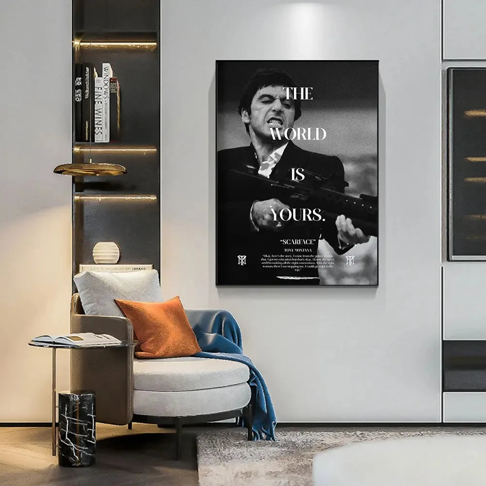 Canvas wall art featuring a black and white portrait of a man with a firearm titled The World Is Yours