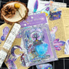 A pack of laser cute magic witch graffiti stickers in purple and blue on a transparent sheet