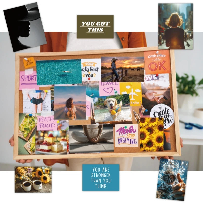 A wooden frame displaying various inspirational photos, quotes, and stickers for a vision board book.