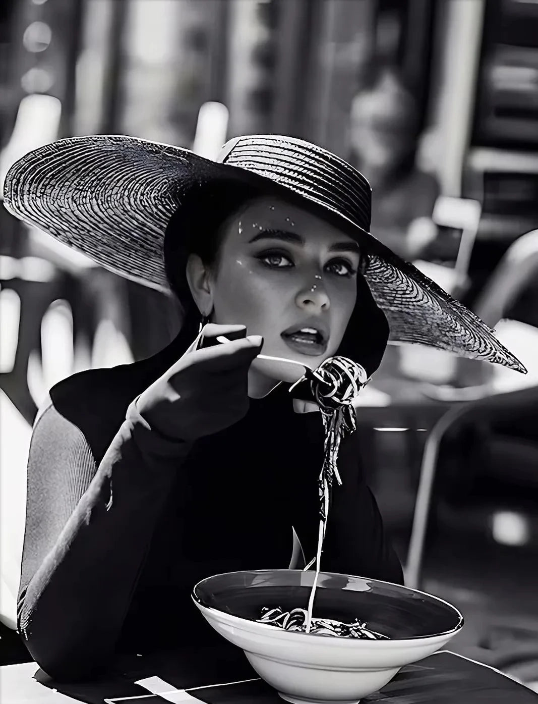 A woman wearing a wide-brimmed hat and black clothing is dipping a finger into a bowl of food.