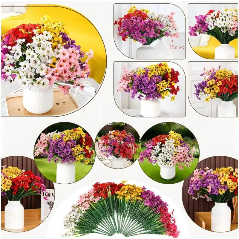 A collection of artificial violet flowers in various colors like pink purple yellow and red arranged in bouquets.