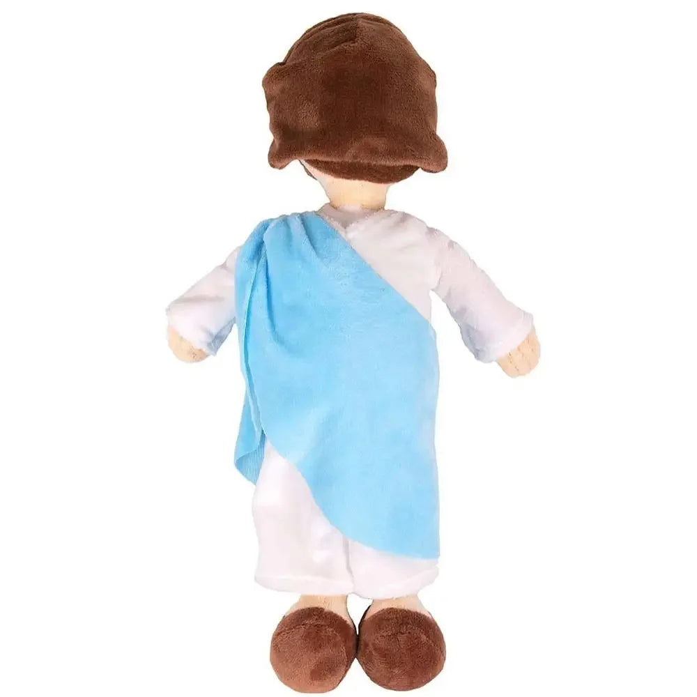 A plush doll dressed in white and blue robes with a brown hood.